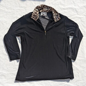 Vintage Velour Style Black Sweater with Leopard Neck Collar and 1/4 Gold Zip - L